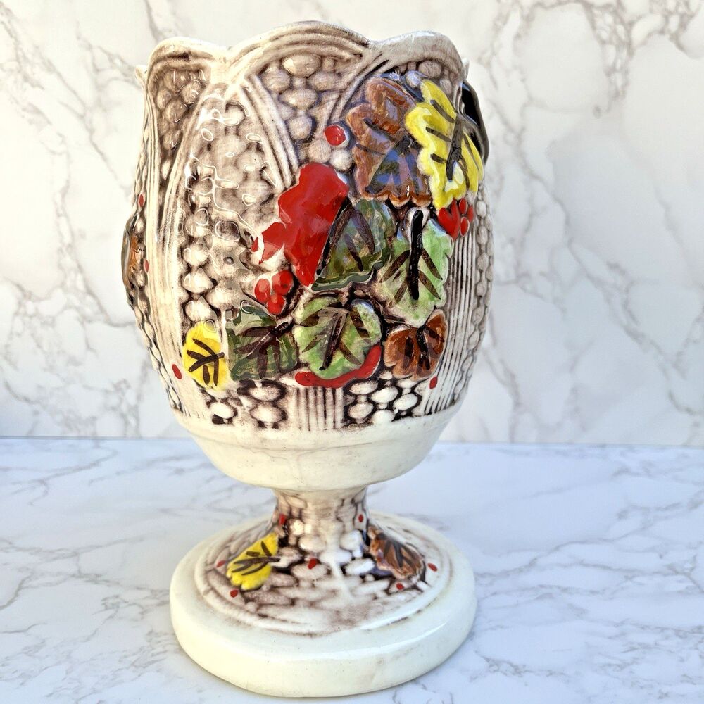 Vintage Majolica Style Pedestal Vase Embossed Leaves, Circa 1970